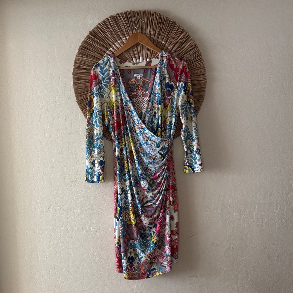 Johnny Was Multicolor Floral Wrap-Style Long Sleeve Dress